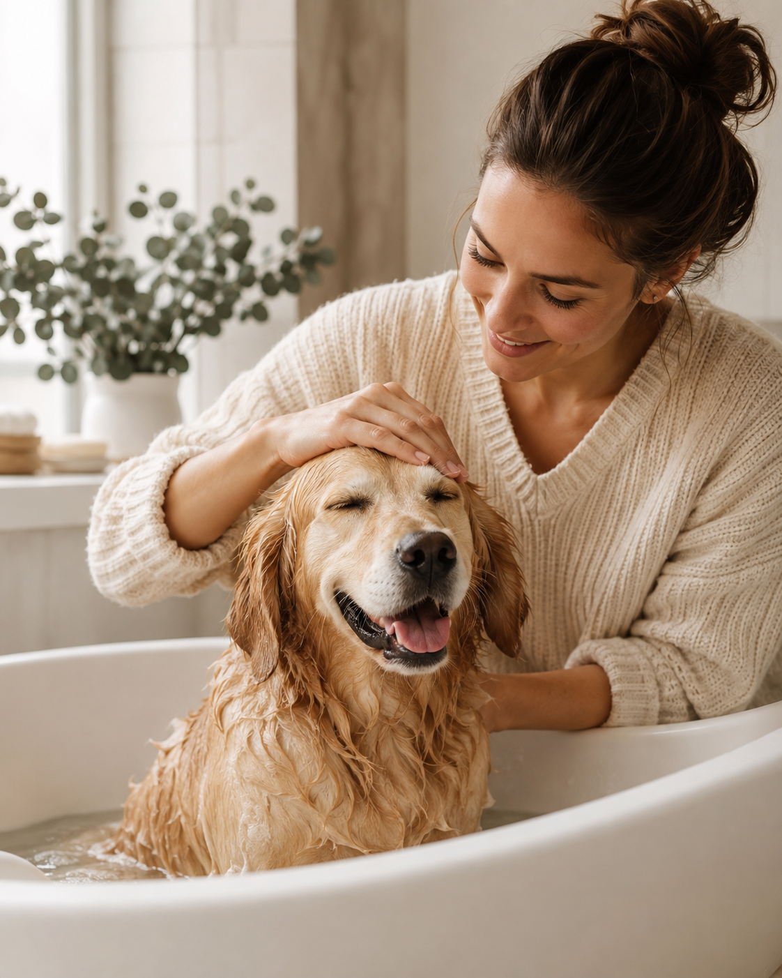 Dog owner calmly bathing a dog